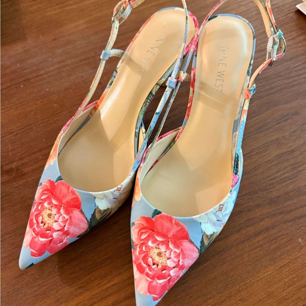 Nine West Floral Pointed Toe Slingbacks - Blue and Pink